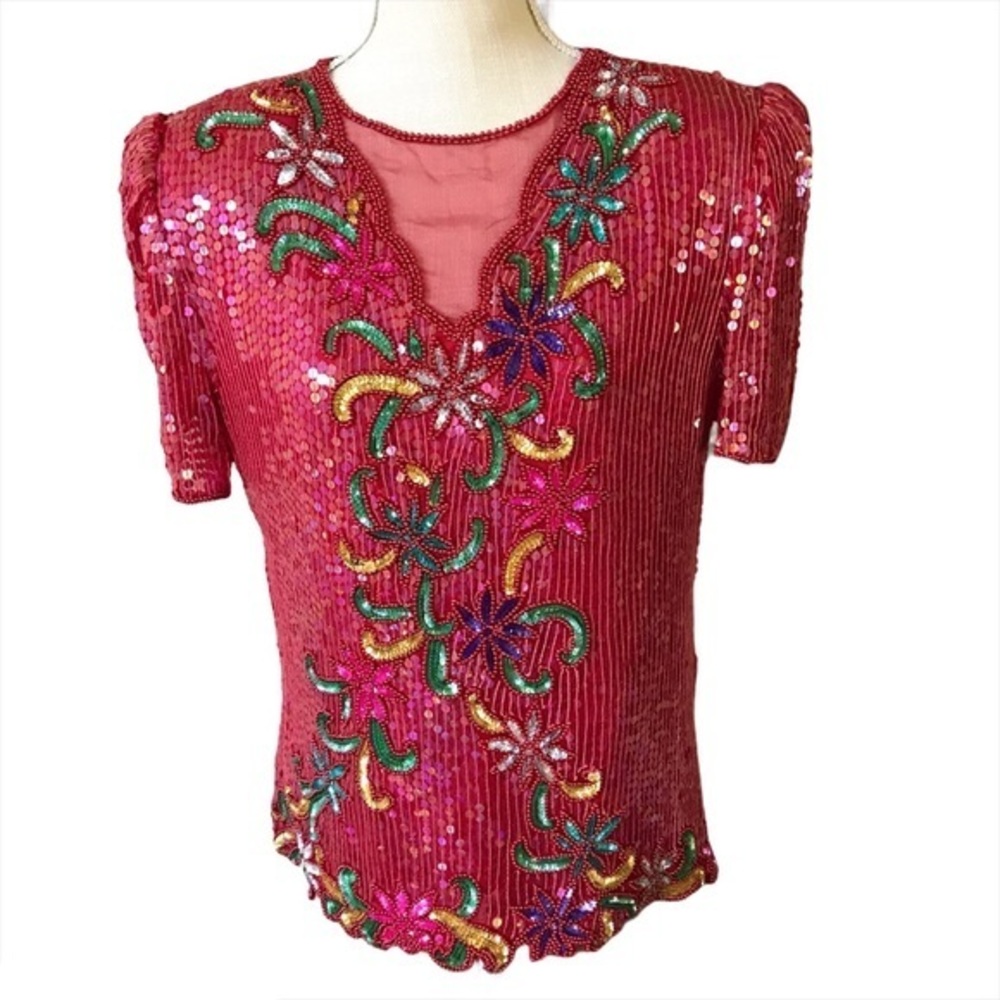 Vintage Bright Red Gorgeous Y2K  90s Sequin Beaded Mesh Floral short sleeve Top